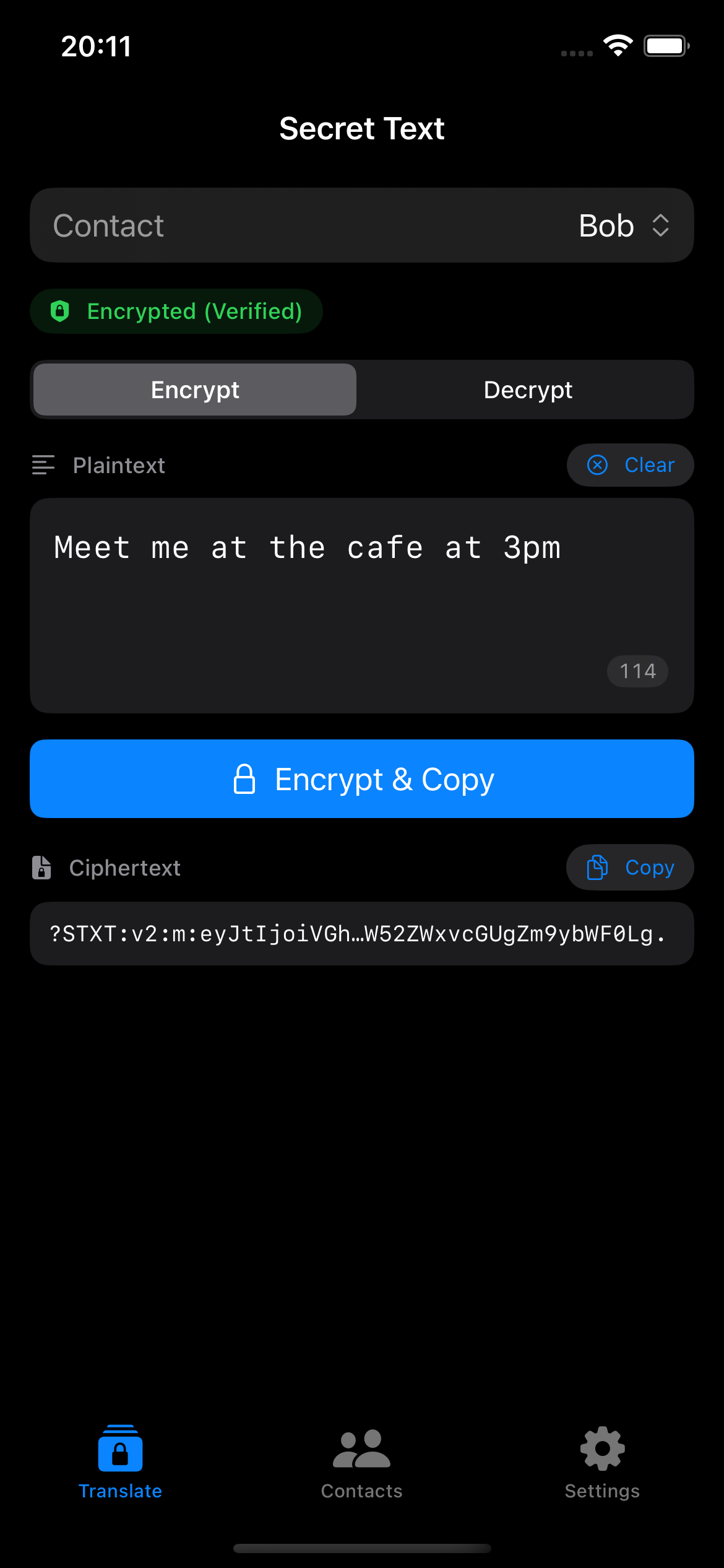 Alice encrypts on iPhone